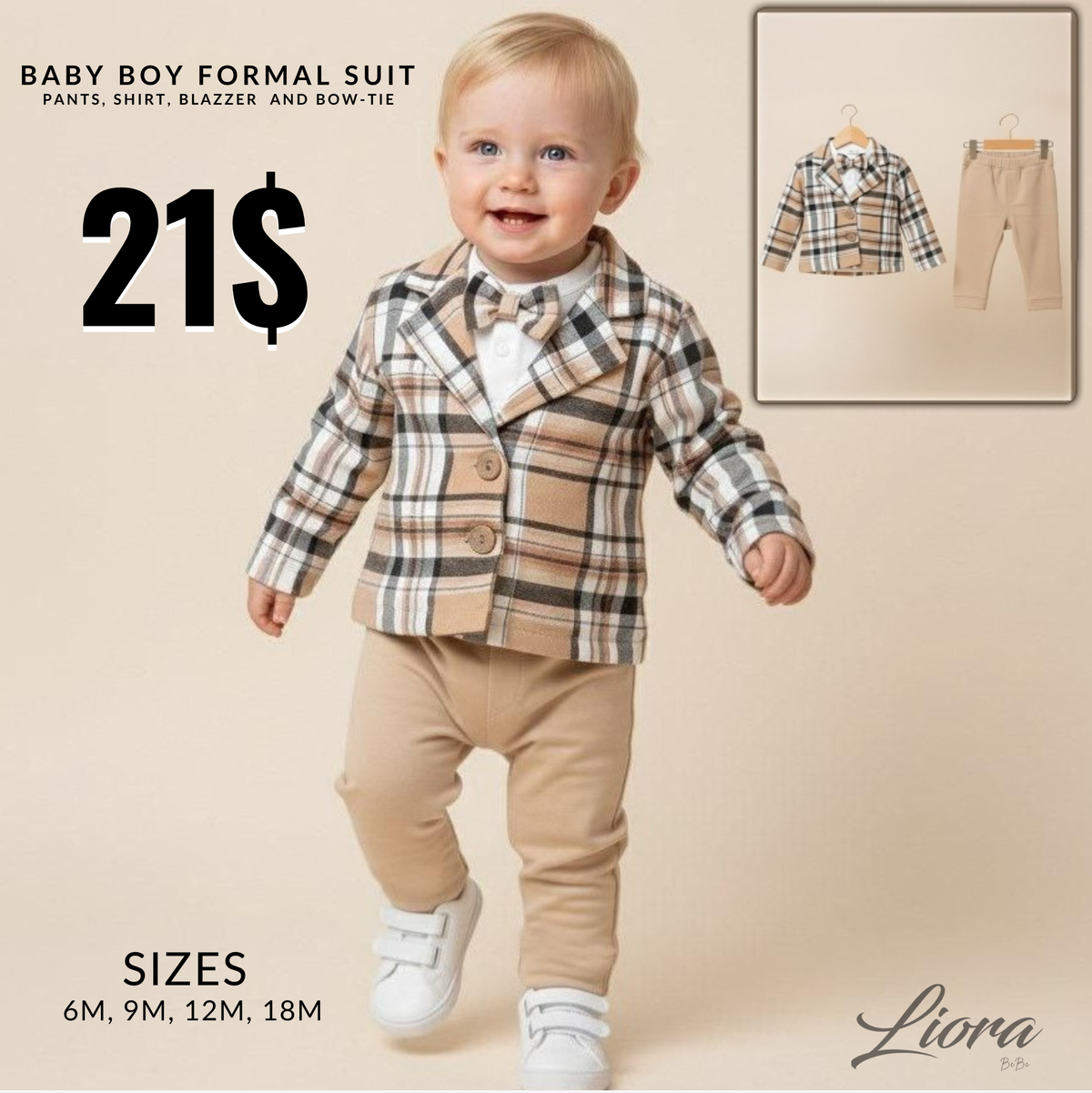 Plaid Baby Boy Outfit – Beige Checkered Jacket, Bow Tie & Pants Set with White Shirt