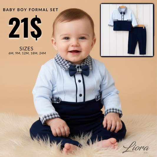 Light Blue & Navy Baby Boy Outfit – Formal Top with Bow Tie, Checkered Collar & Matching Pants