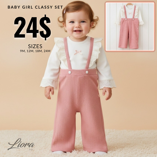 White & Pink Baby Girl Outfit – Lace Ruffle Top with Textured Suspender Pants