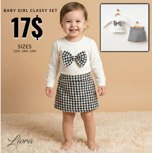 White & Houndstooth Baby Girl Outfit – Bow Detail Top & Matching Skirt Set