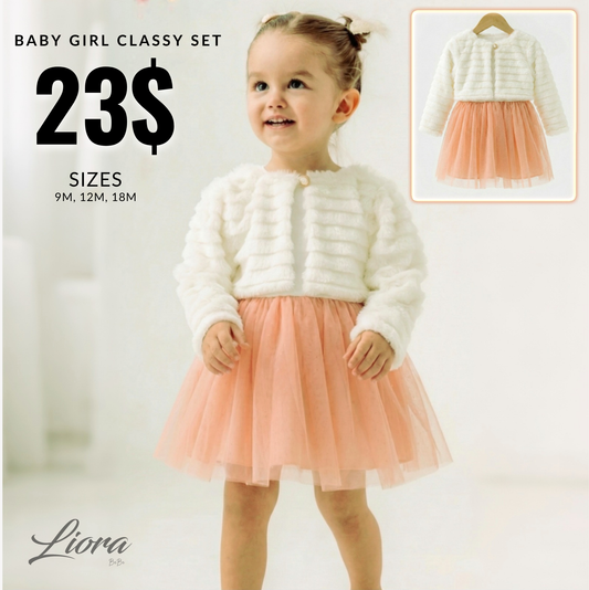 White Faux Fur & Peach Tulle Baby Dress – Long Sleeve Special Occasion Outfit
