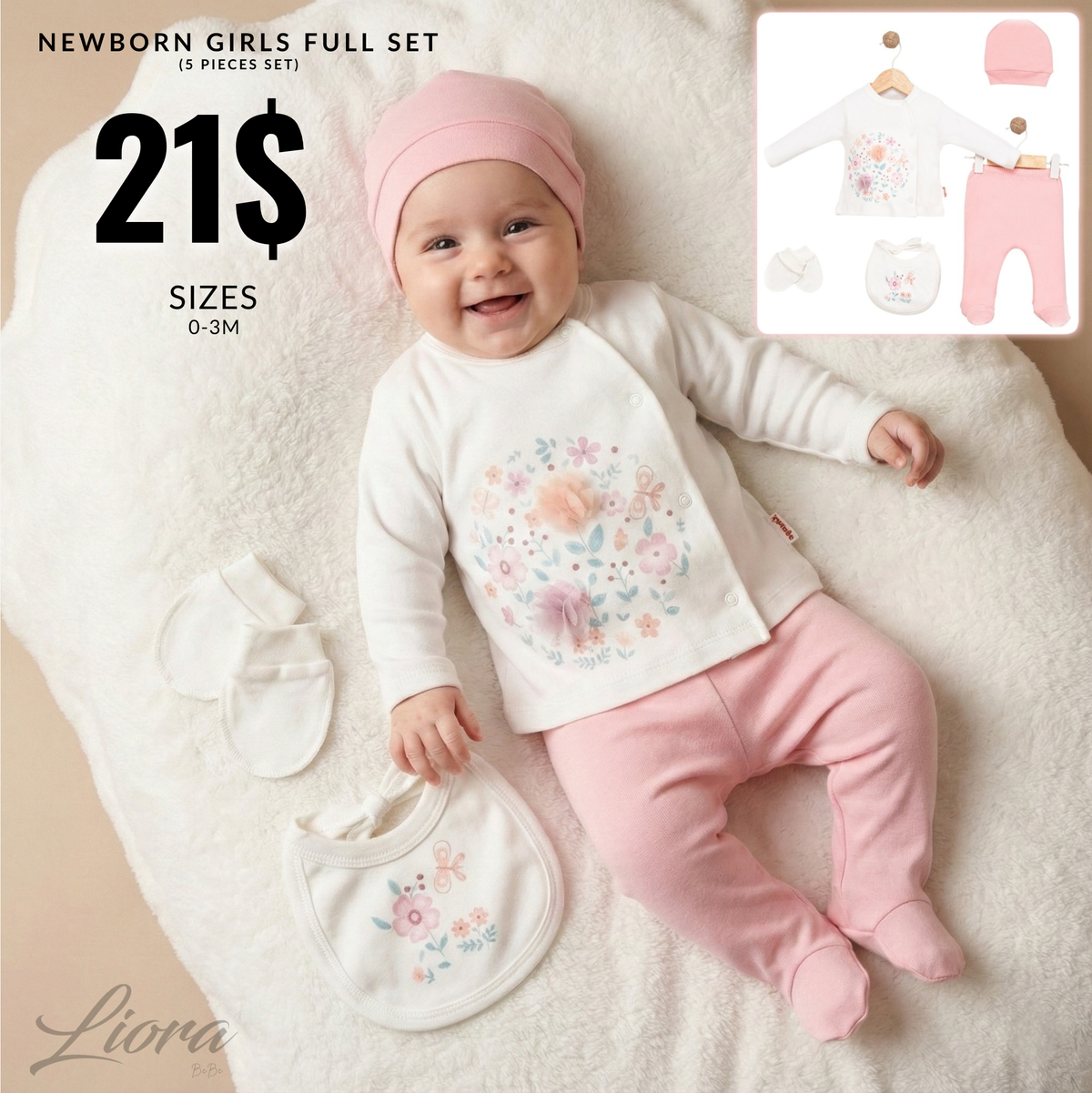 Pastel Floral Newborn Baby Girl Set – 5-Piece Outfit with Bib, Mittens & Beanie