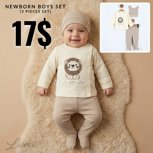 My Little Lion Baby Outfit – 3-Piece Set with Printed Shirt, Ribbed Pants & Vest