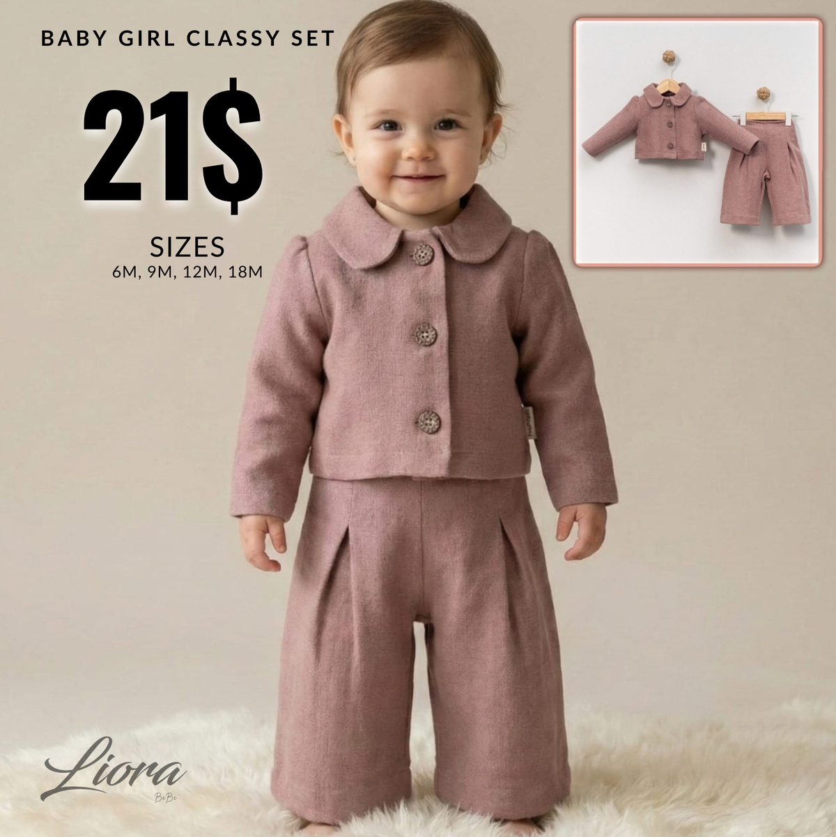 Muted Mauve Toddler Outfit – Soft Textured Jacket & Pleated Pants Set for Fall/Winter