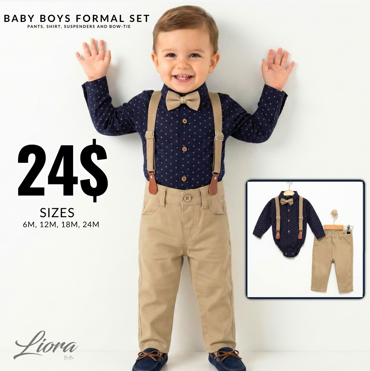 Navy Dot Bodysuit & Beige Pants Set