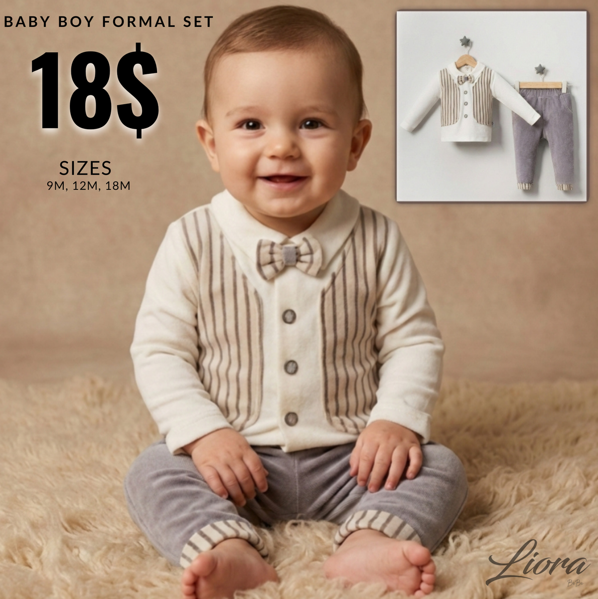 Gray & Beige Toddler Outfit – 2-Piece Set with Vest-Shirt & Pants