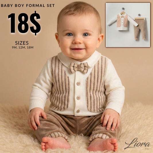 Cream & Brown Toddler Outfit – 2-Piece Set with Vest-Shirt & Pants