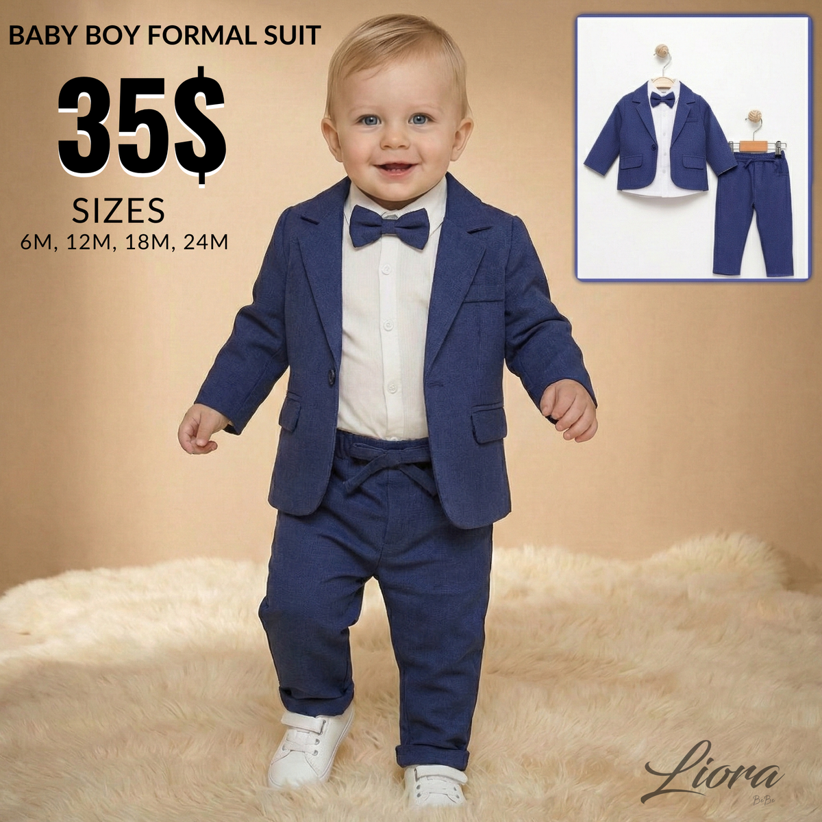 Blue Baby Boy Formal Suit – 4-Piece Set with Blazer, Shirt, Pants & Bow Tie