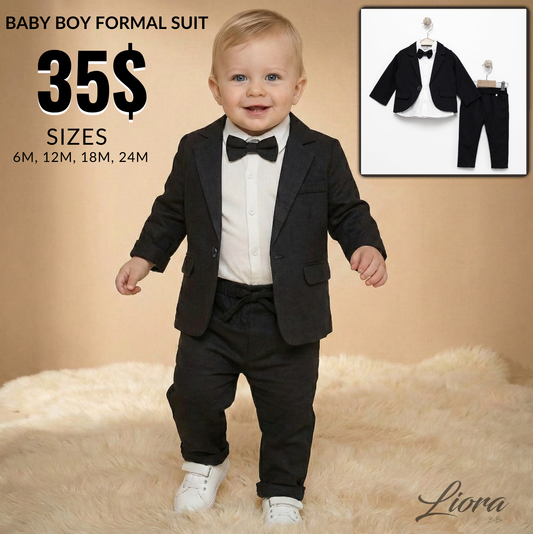 Black Baby Boy Formal Suit – 4-Piece Set with Blazer, Shirt, Pants & Bow Tie