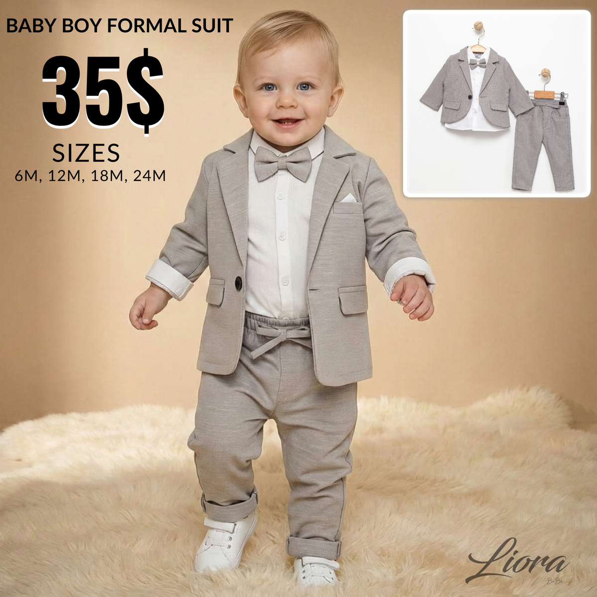 Gray Baby Boy Formal Suit – 4-Piece Set with Blazer, Shirt, Pants & Bow Tie
