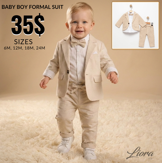 Beige Baby Boy Formal Suit – 4-Piece Set with Blazer, Shirt, Pants & Bow Tie