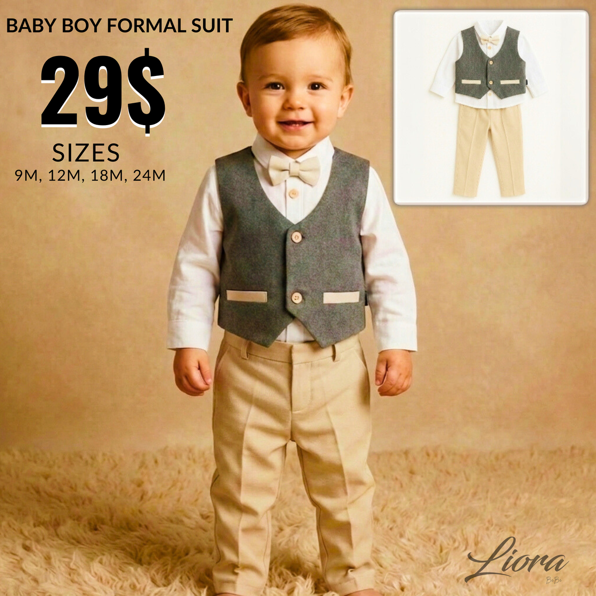 Grey & Beige Toddler Formal Outfit – 4-Piece Set