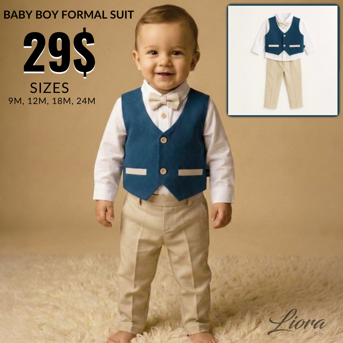 Blue & Beige Toddler Formal Outfit – 4-Piece Set