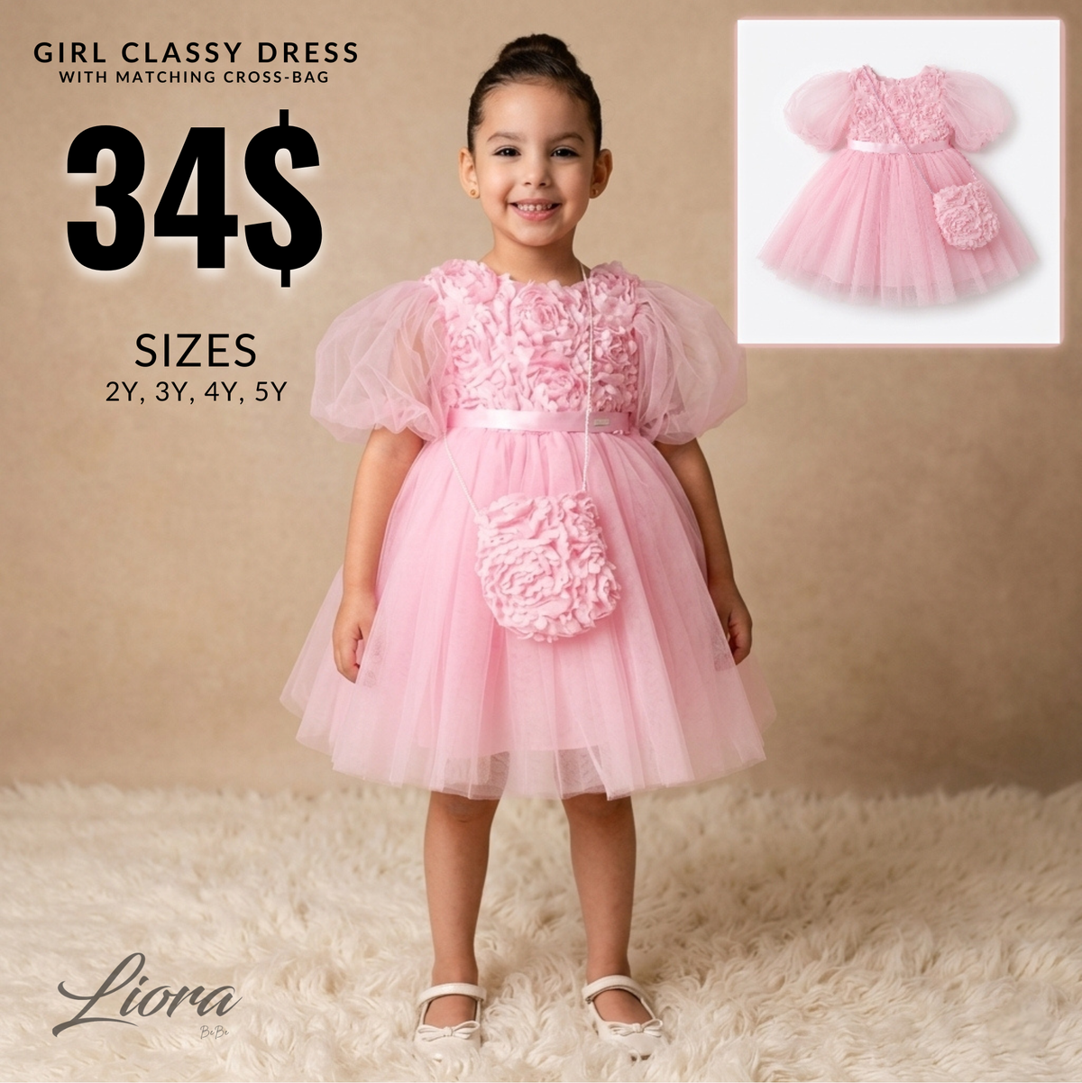 Pink Baby Girl Rosette Dress with Cross-bag – Tulle & Purse Set