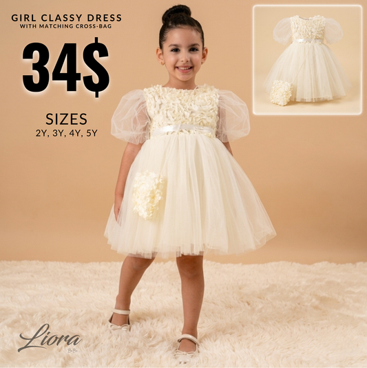 Cream Baby Girl Rosette Dress with Cross-bag  – Tulle & Purse Set