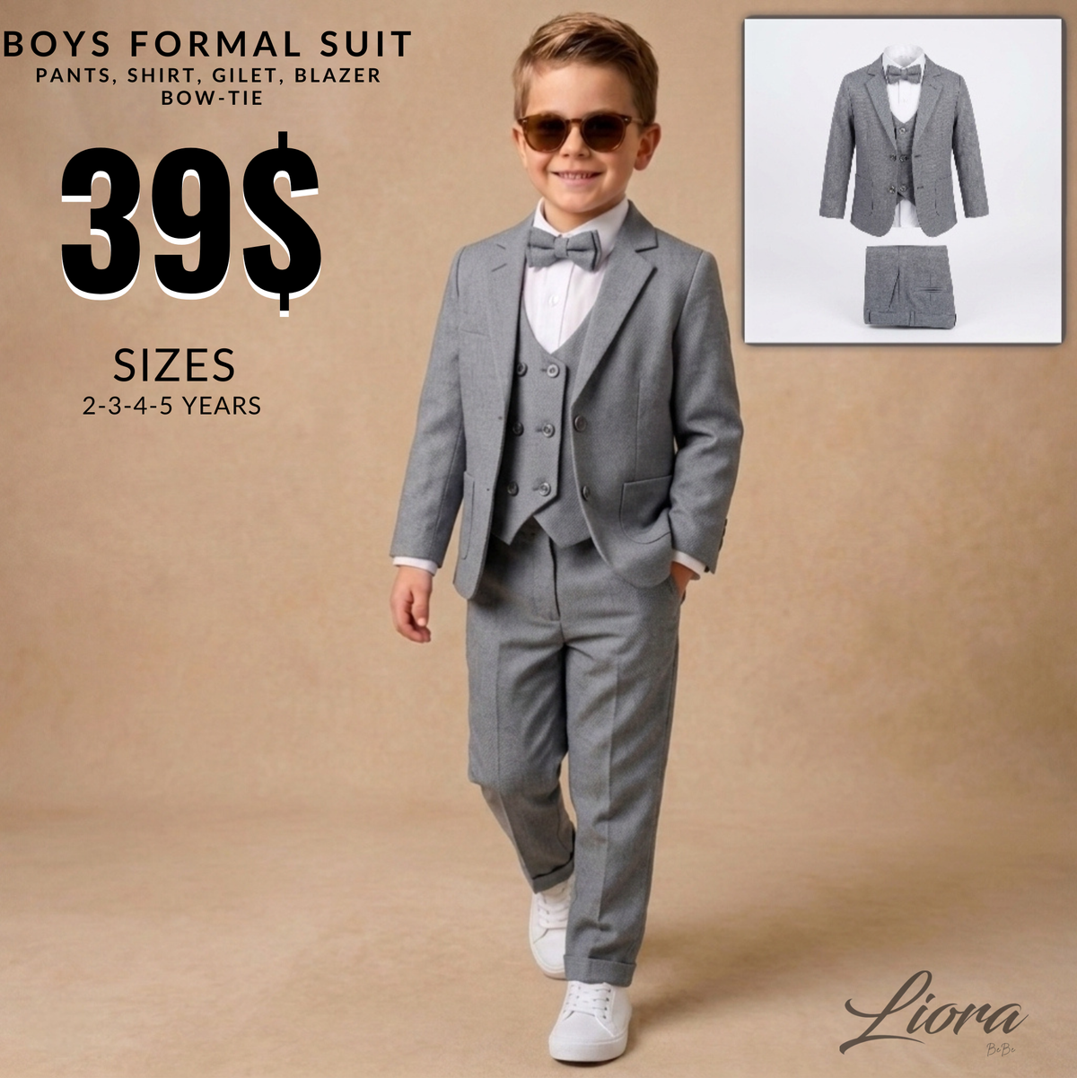 Gray Baby Formal Suit Set – Blazer, Vest & Bow Tie