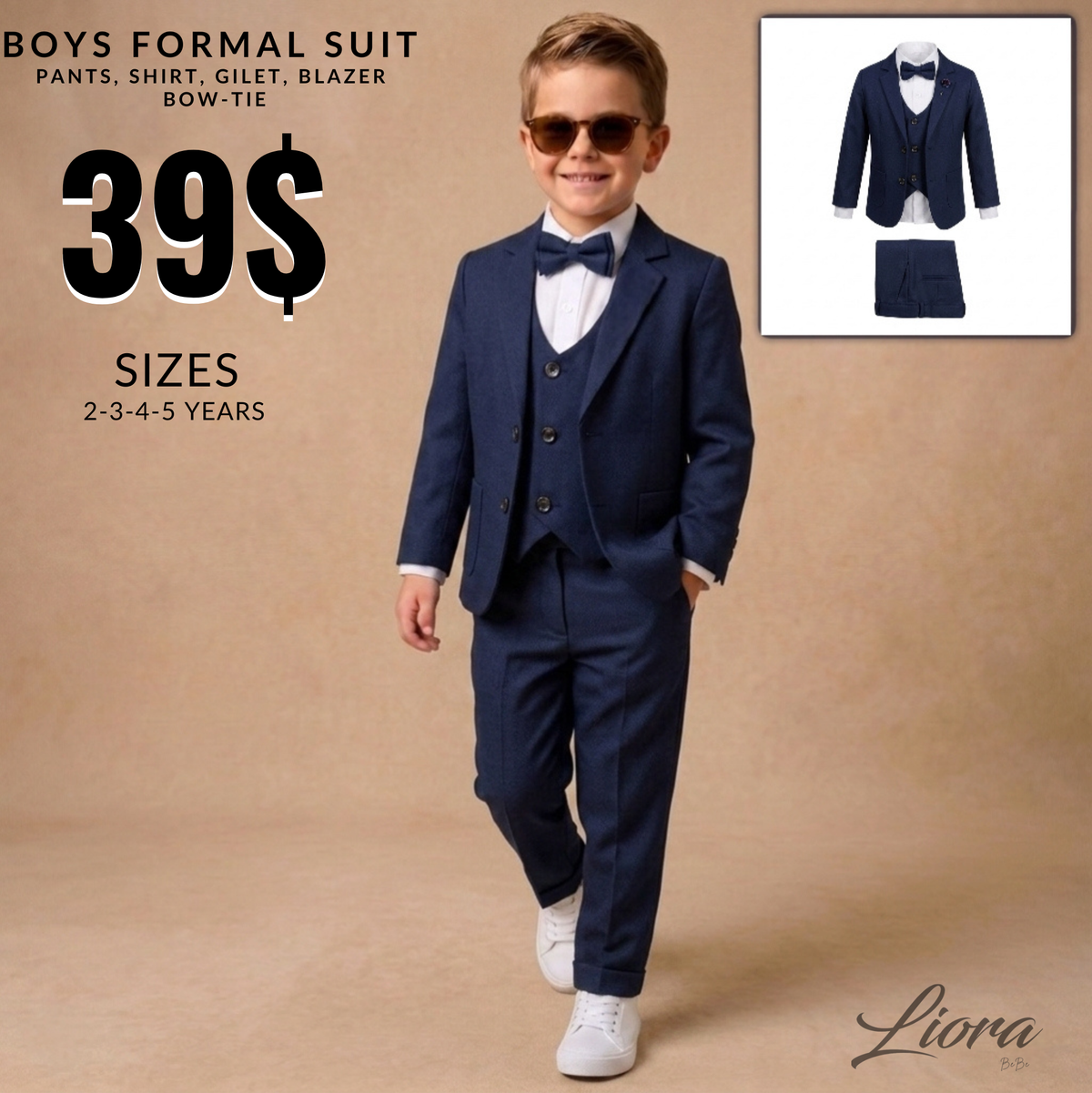 Navy Blue Baby Formal Suit – Blazer, Vest & Bow Tie