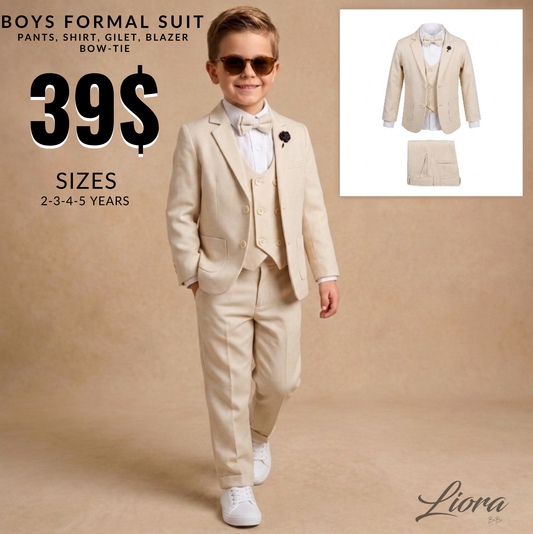 Beige Baby Formal Suit Set – Blazer, Vest & Bow Tie