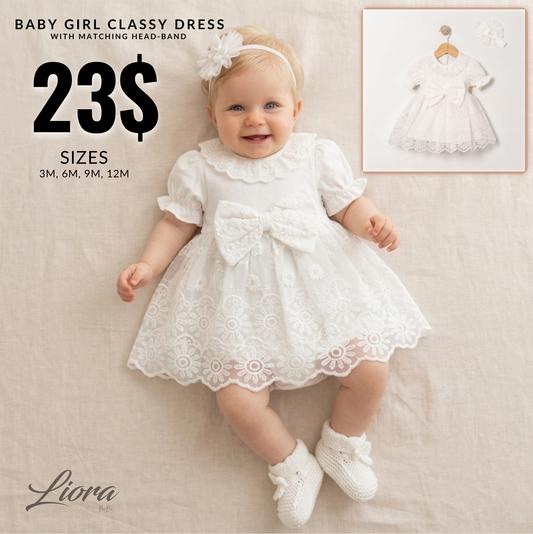 White Baby Girl Lace Dress – Bow & Headband Set