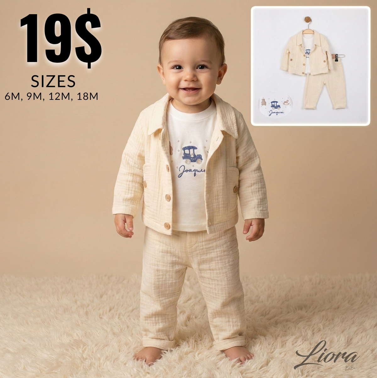Cream Textured Toddler Outfit – 3-Piece Set with Jacket, Pants & Graphic Tee
