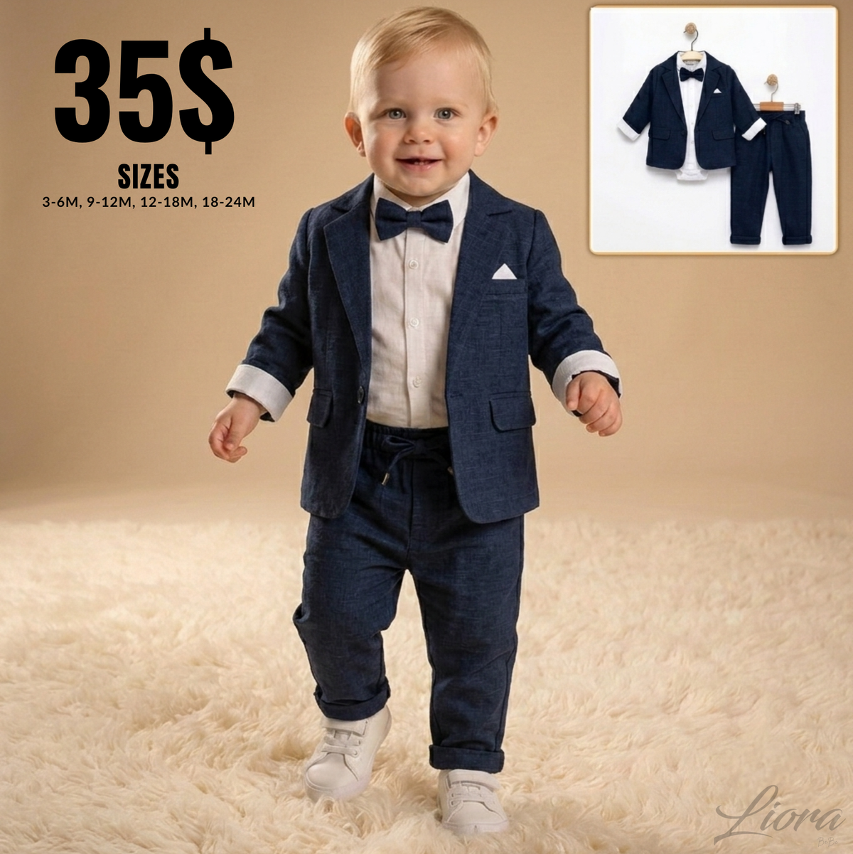 “Navy Tux” Baby Formal Set – Blazer, Shirt & Pants