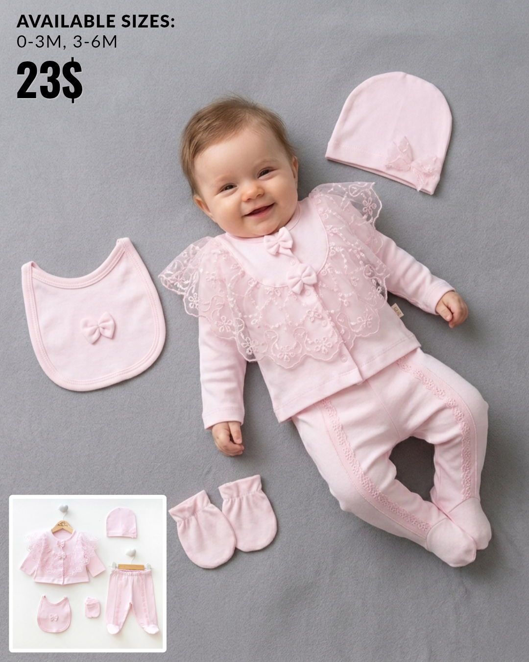 The Florence 5-Piece Lace-Trimmed Cardigan & Pants Gift Set – Soft Pink