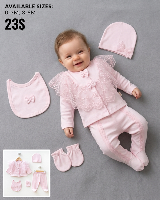 The Florence 5-Piece Lace-Trimmed Cardigan & Pants Gift Set – Soft Pink