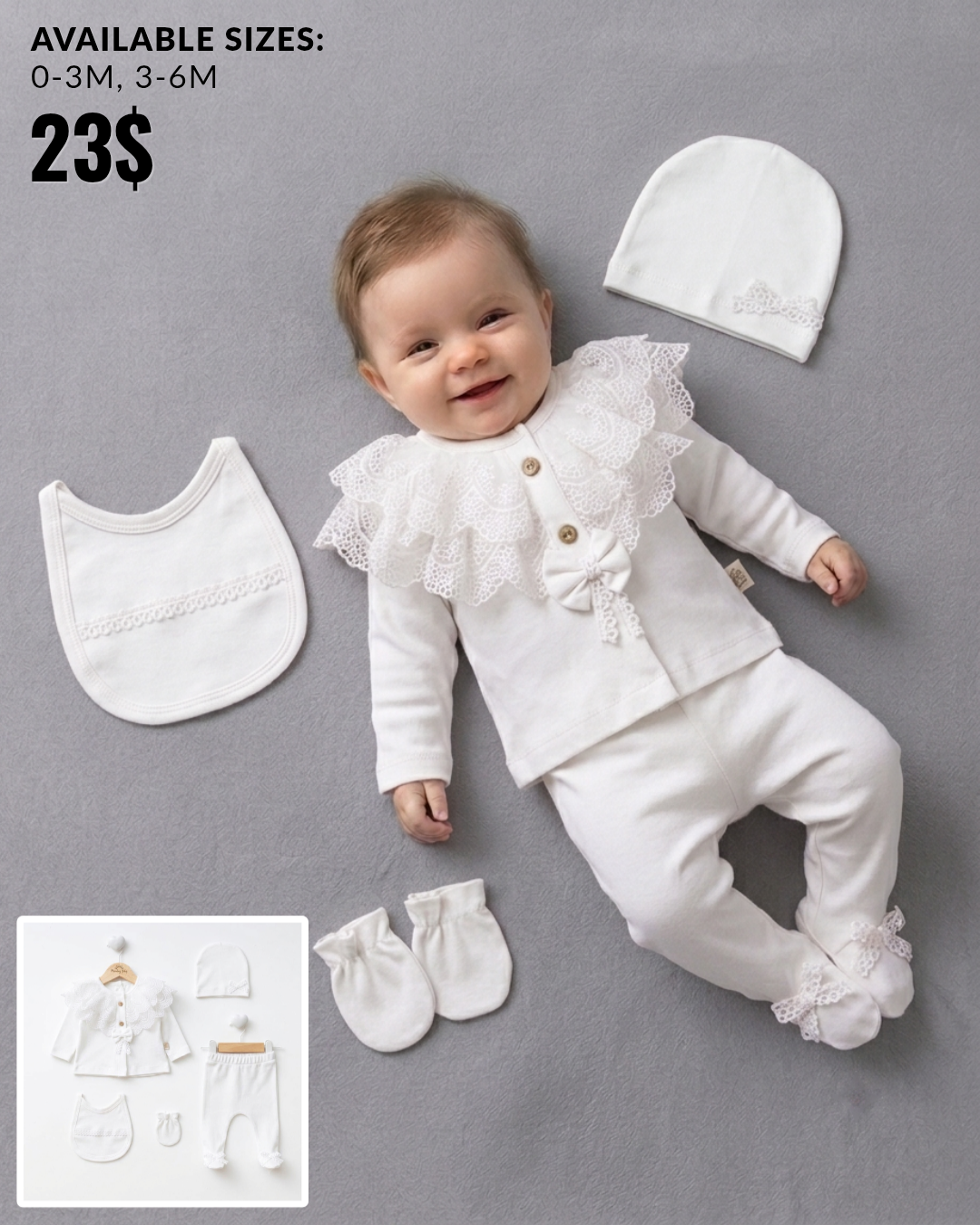 The Emmeline 5-Piece Lace Collar Top & Pants Set – Pure White