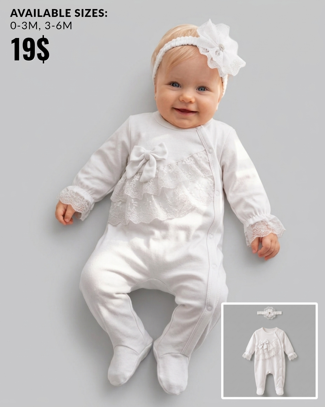 The Cecilia 2-Piece Lace Bodice Footed Romper & Headband Set – Pure White