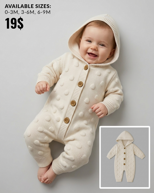 The Tobias Raised Polka Dot Hooded Knit Romper – Off-White Cream