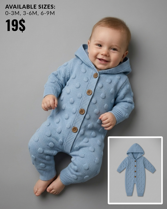 The Kieran Raised Polka Dot Hooded Knit Romper – Light Blue