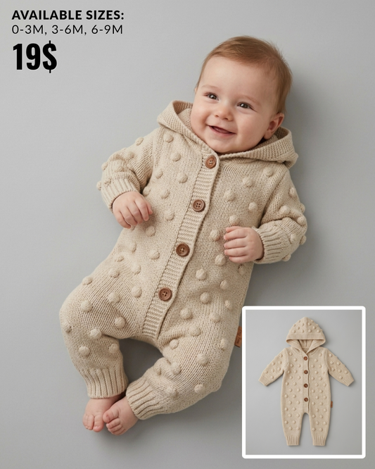 The Callan Raised Polka Dot Hooded Knit Romper – Cream Beige