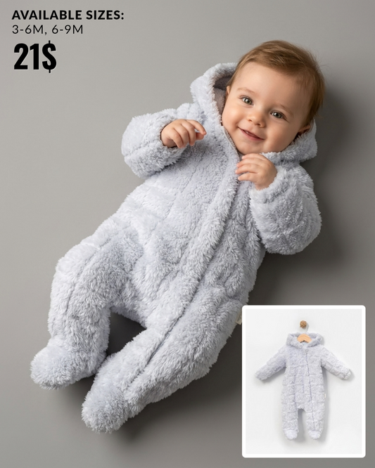 The Soren Plush Textured Hooded Footed Romper – Light Gray