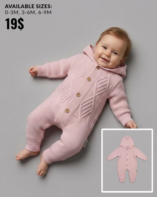 The Madeleine Cable-Knit Hooded Romper – Light Pink