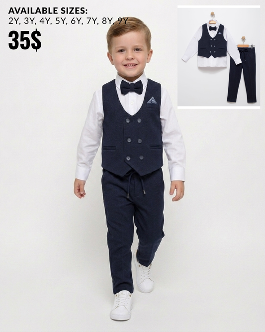 Navy Baby Vest Suit Set – Bow Tie & Trousers