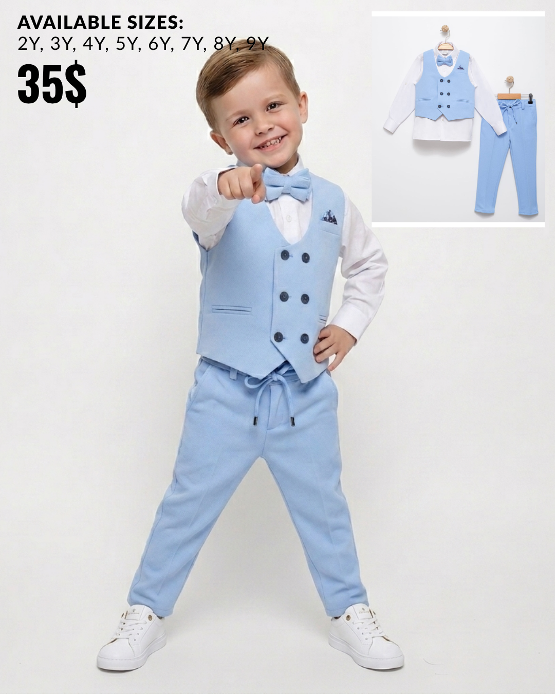 Light Blue Baby Vest Suit – Bow Tie & Trousers