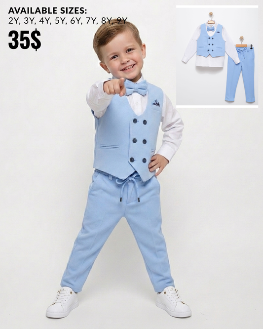 Light Blue Baby Vest Suit – Bow Tie & Trousers