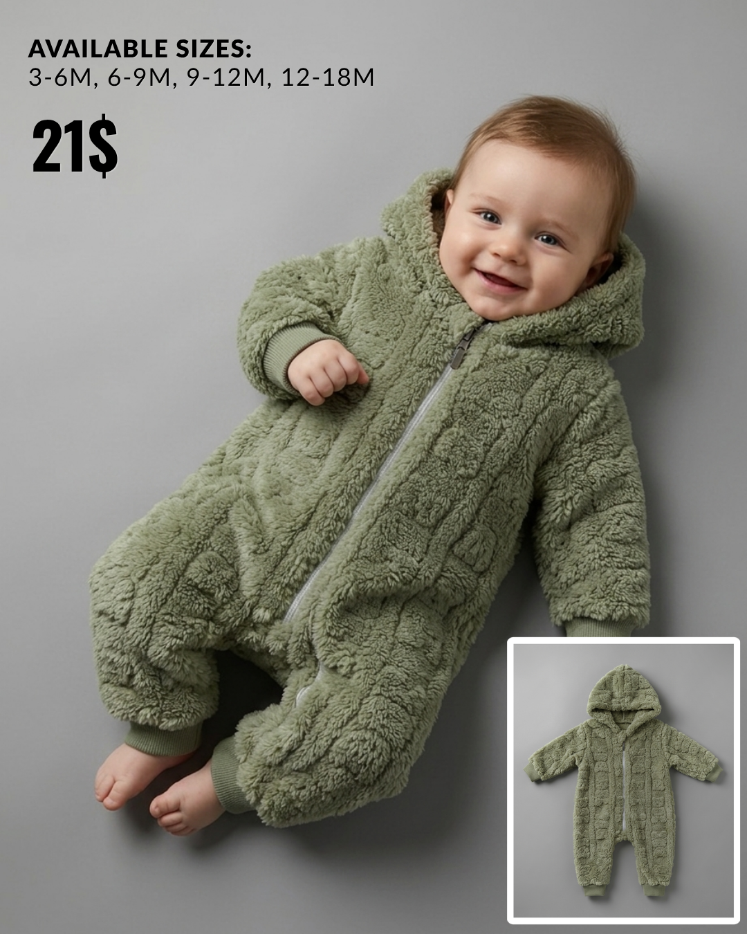 The Rowan Plush Textured Hooded Footed Romper – Sage Green