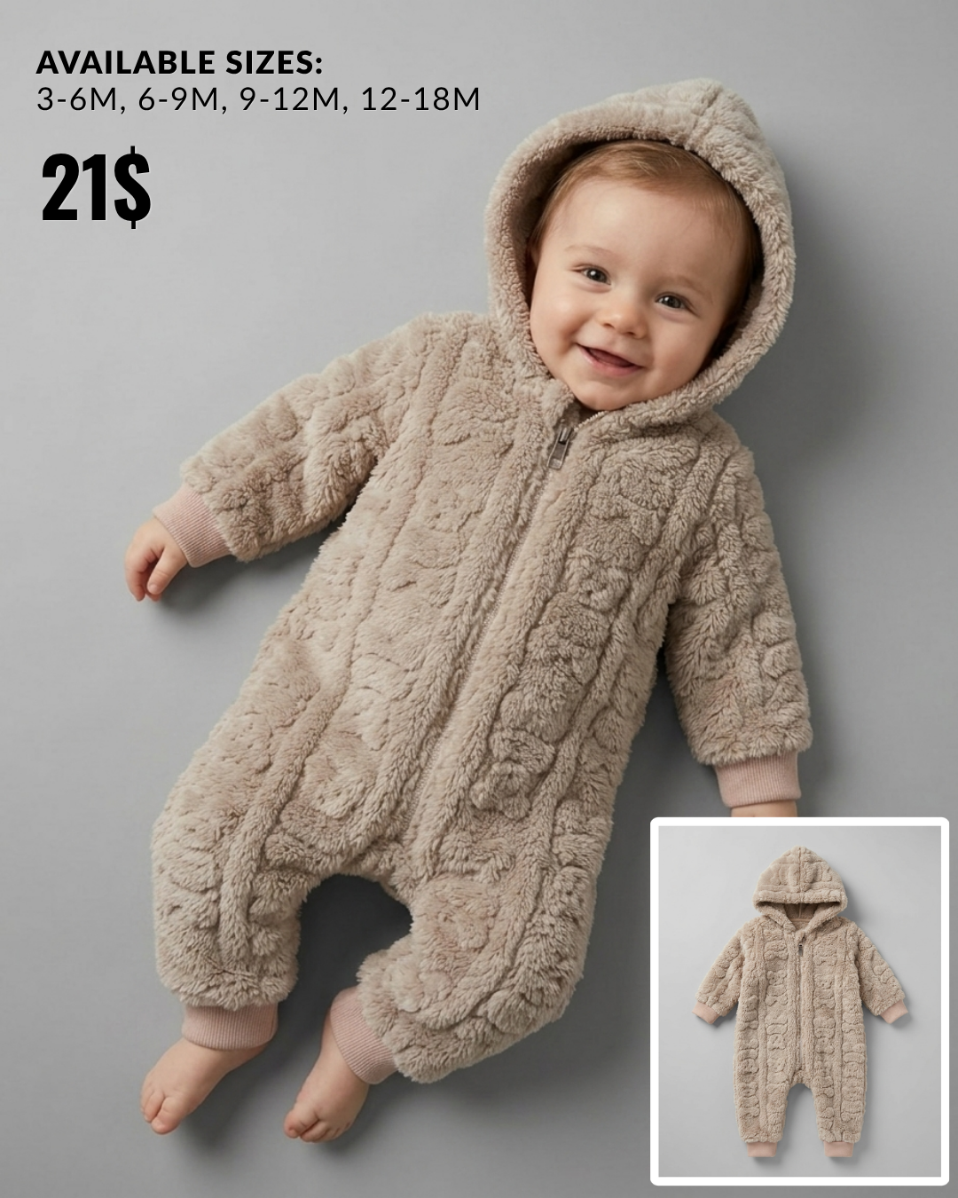 The Barrett Plush Textured Hooded Footed Romper – Taupe Beige