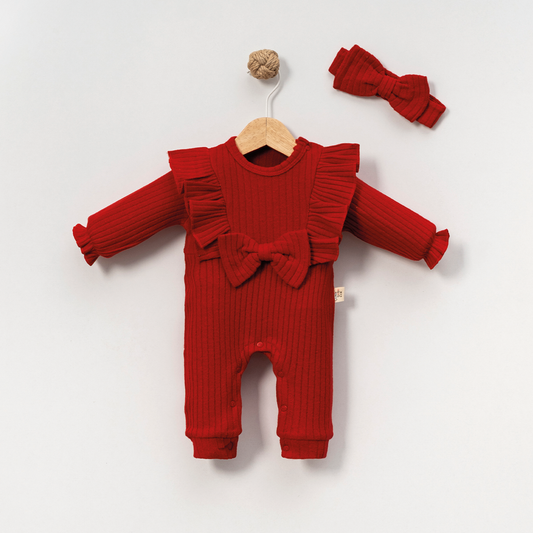 Red Ribbed Baby Girl Romper – Ruffle Detail with Bow & Matching Headband Set