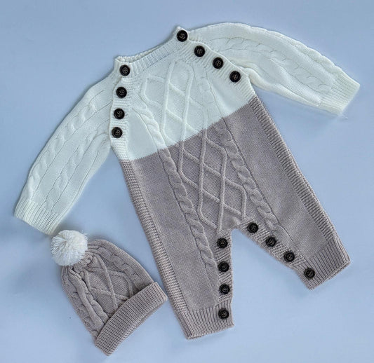 White & Beige Cable Knit Baby Romper – Two-Tone Bodysuit with Pom-Pom Hat & Button Details