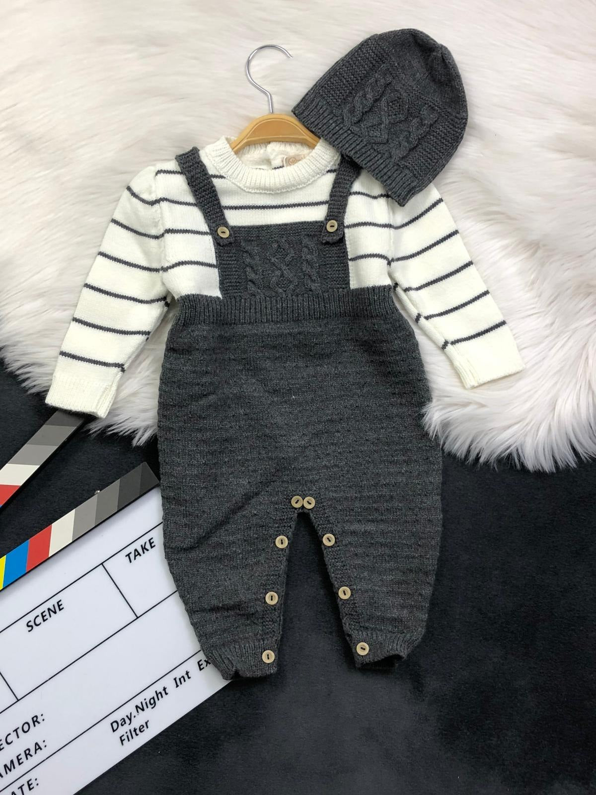 Dark Gray Knit Baby Outfit – Textured Overalls, Striped Shirt & Pom-Pom Hat Set