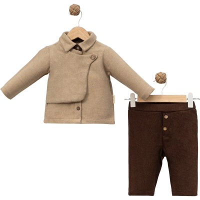 Brown Asymmetrical Baby Outfit – High-Collar Jacket & Buttoned Pants Set for Fall/Winter