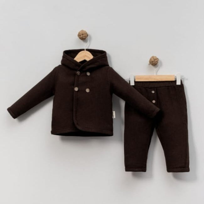 Dark Brown Toddler Outfit – Hooded Double-Breasted Coat & Matching Pants Set for Fall/Winter
