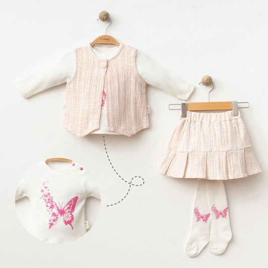 Butterfly Baby Girl Outfit – Ribbed Top, Pink Vest, Tiered Skirt & Printed Tights Set
