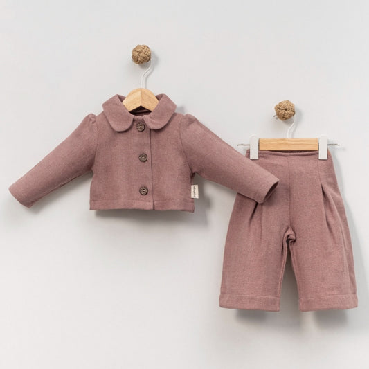 Muted Mauve Toddler Outfit – Soft Textured Jacket & Pleated Pants Set for Fall/Winter