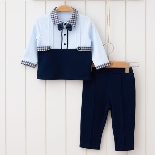 Light Blue & Navy Baby Boy Outfit – Formal Top with Bow Tie, Checkered Collar & Matching Pants