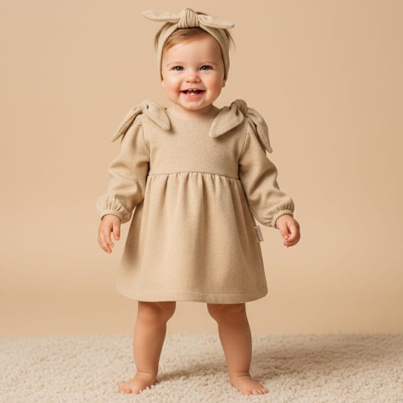 Beige Baby Girl Dress Set – Textured Long-Sleeve Dress with Shoulder Bows & Matching Headband