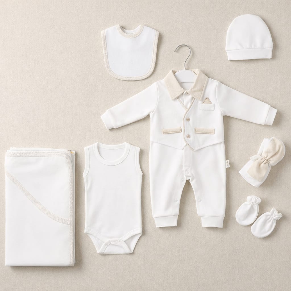 White & Beige Formal Baby Outfit Set – 7-Piece Ensemble with Blanket & Accessories