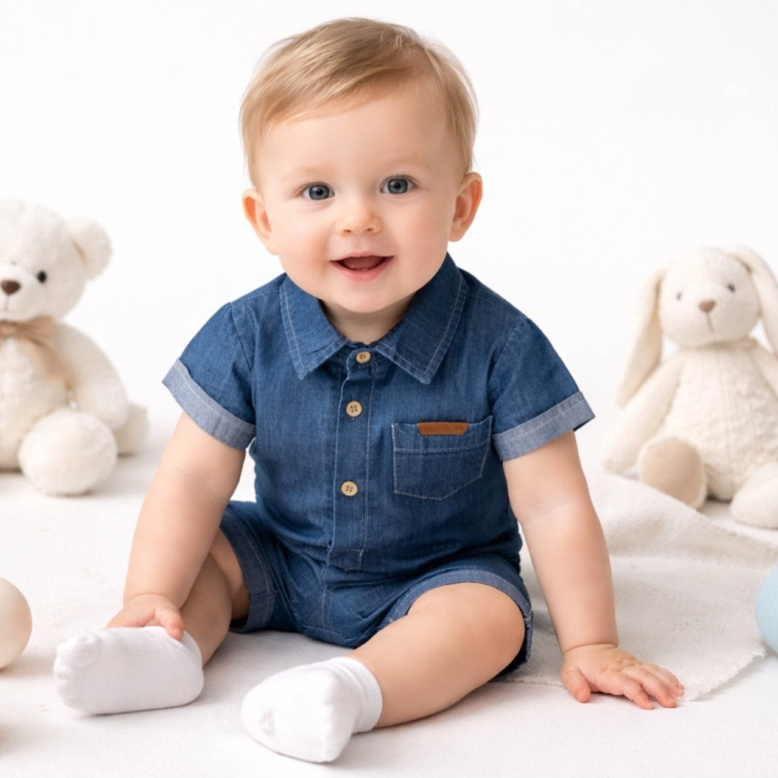 Denim Button-Up Romper with Cuffs
